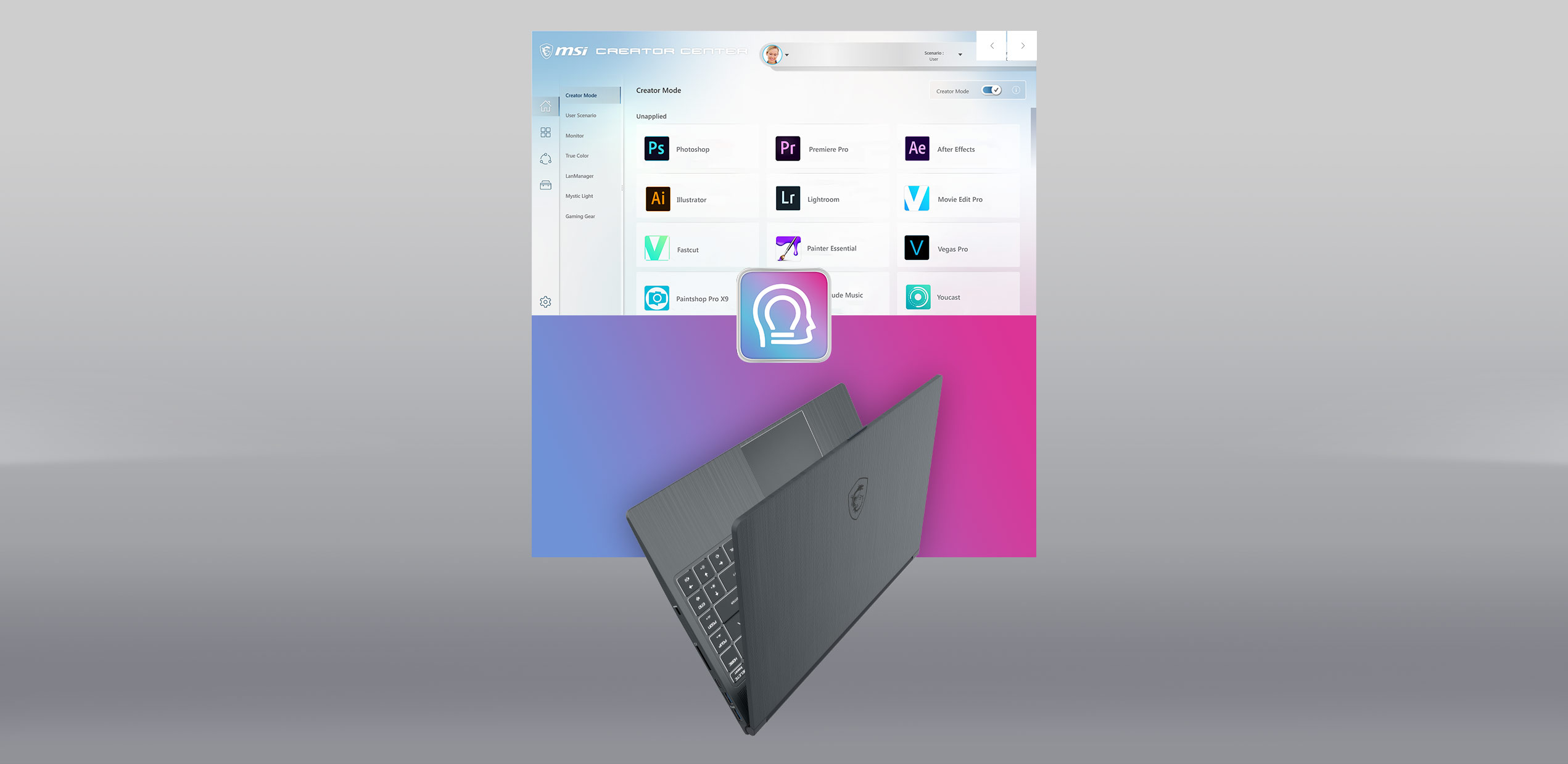 Modern 14 with a screenshot of the MSI Creator Center.